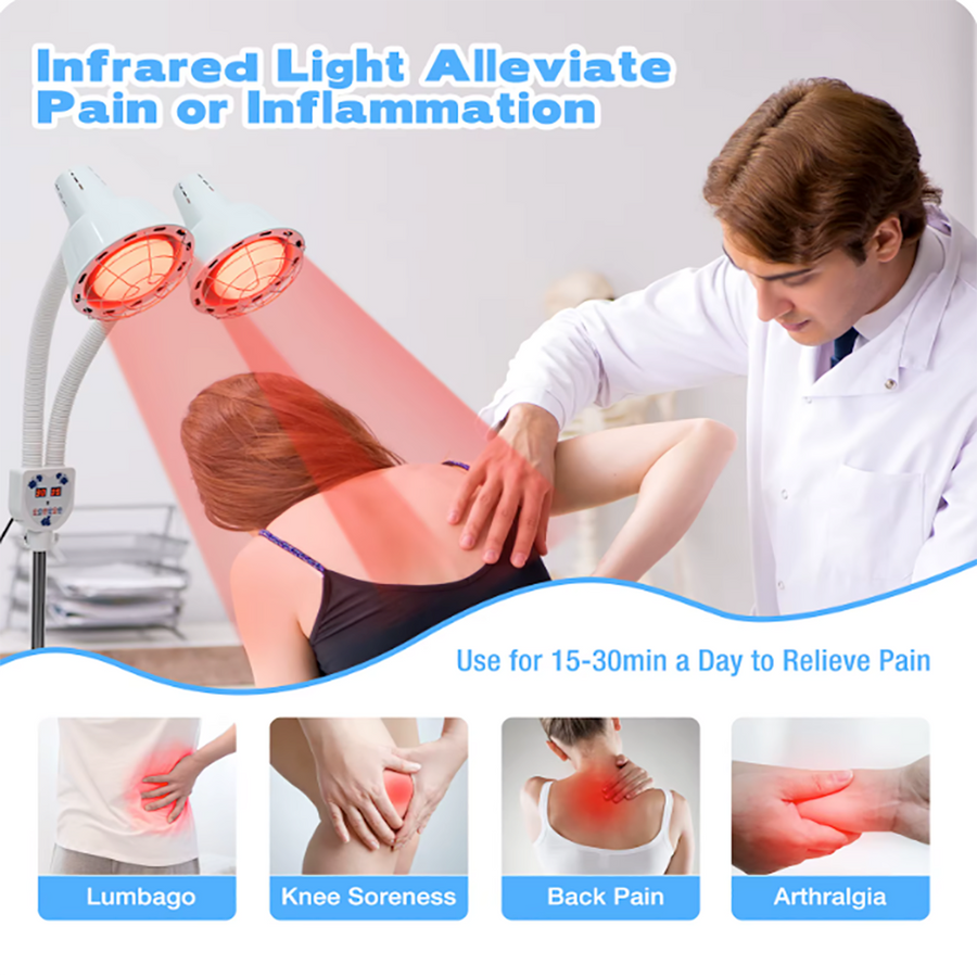 Dual-Head Infrared Heat Therapy Lamp with Adjustable Floor Stand