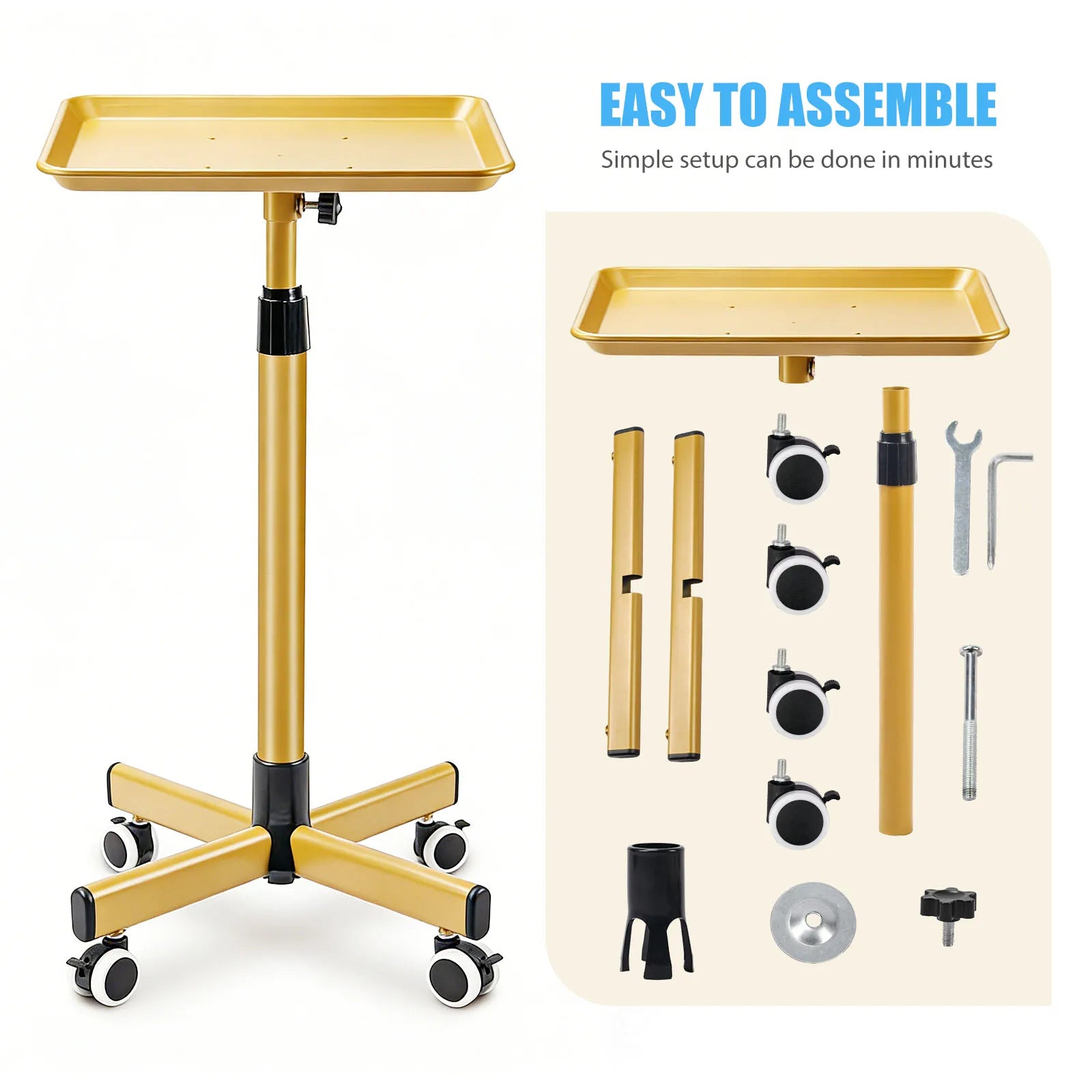 Professional Adjustable Beauty Salon Trolley with Aluminum Tray & Wheels – Gold