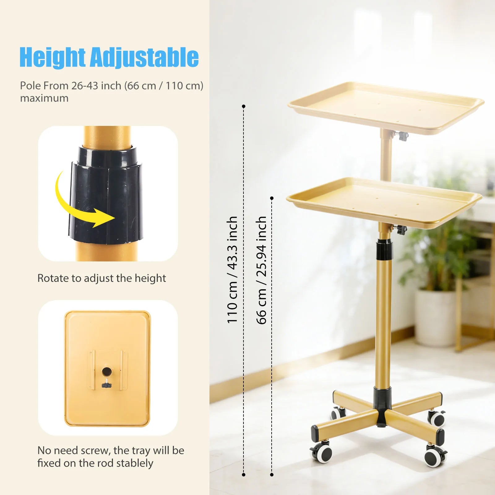 Professional Adjustable Beauty Salon Trolley with Aluminum Tray & Wheels – Gold