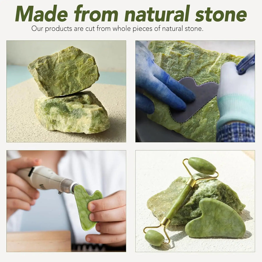 Jade Roller Set Cooling Eye Gua Sha Tool Facial Beauty Massage For Face Jade Wheel  Green
