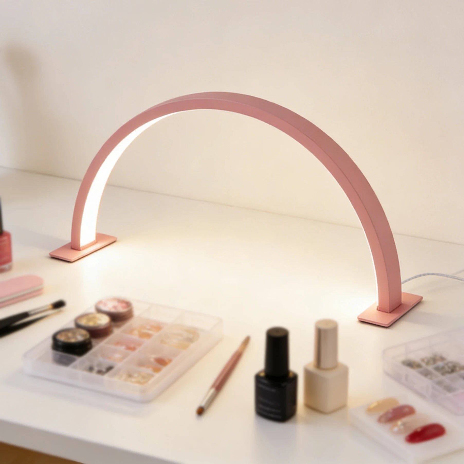 Pink Half-Moon LED Nail Desk Lamp – Professional Manicure & Beauty Salon Light