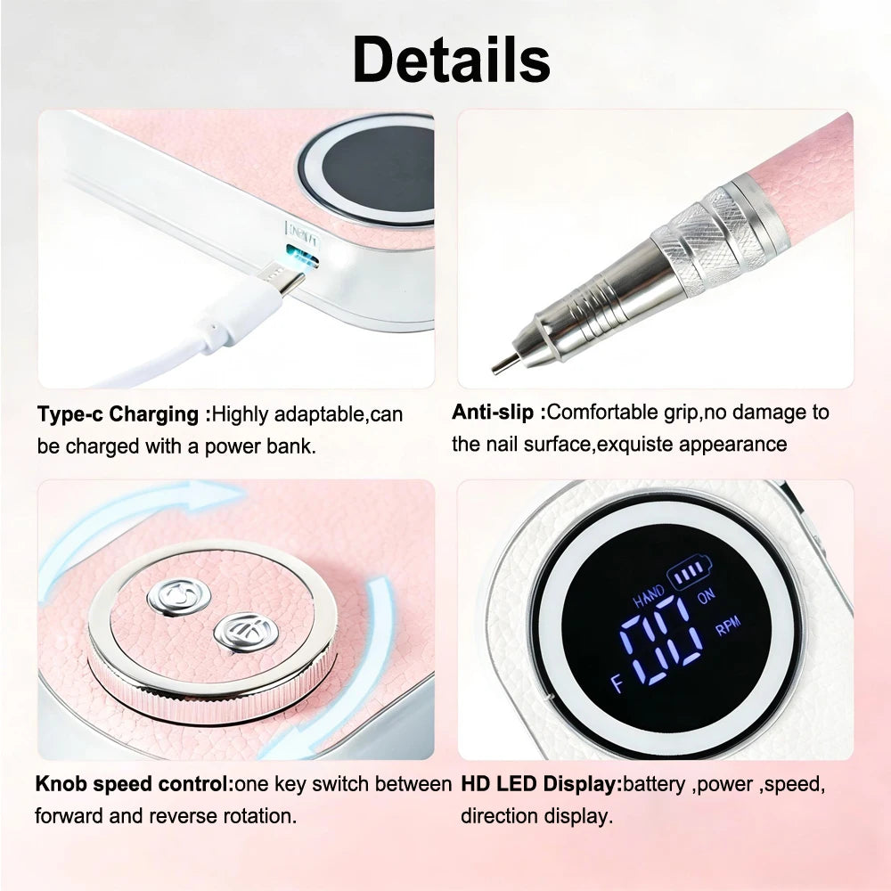 Cordless Electric Nail Drill Machine – 40,000 RPM, 25W Rechargeable Manicure & Pedicure Tool