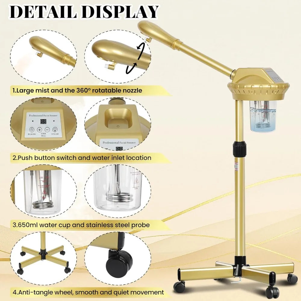 Professional Facial Steamer on Wheels – Adjustable Height 360° Rotating Hot Mist Salon Steamer