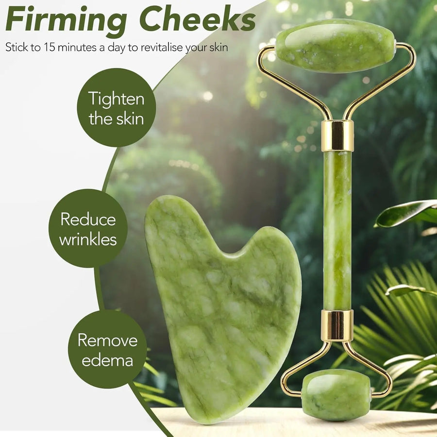 Jade Roller Set Cooling Eye Gua Sha Tool Facial Beauty Massage For Face Jade Wheel  Green