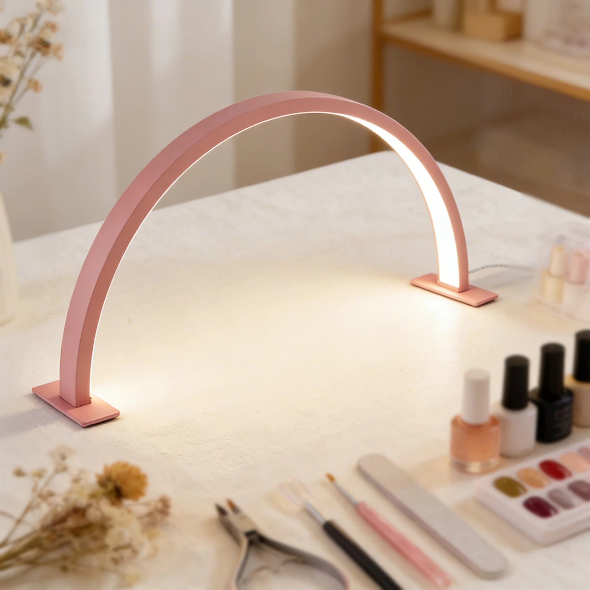 Pink Half-Moon LED Nail Desk Lamp – Professional Manicure & Beauty Salon Light