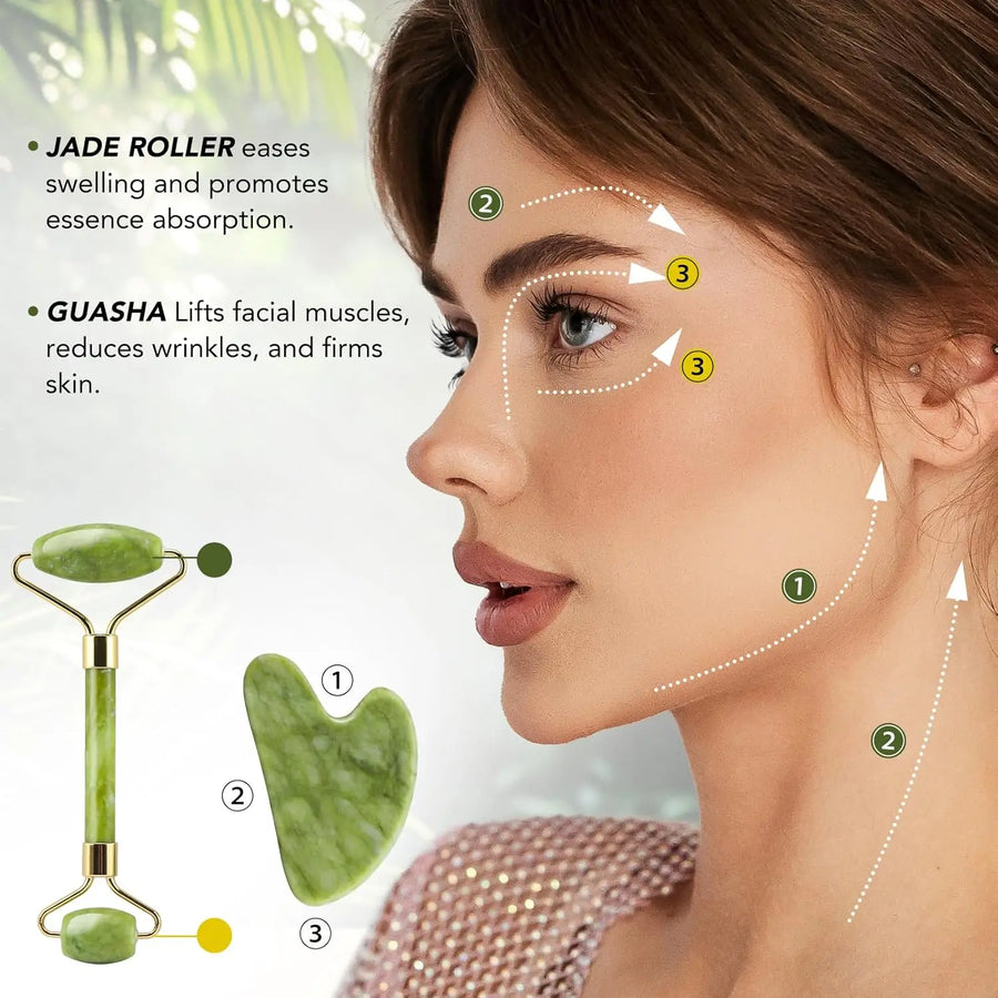 Jade Roller Set Cooling Eye Gua Sha Tool Facial Beauty Massage For Face Jade Wheel  Green