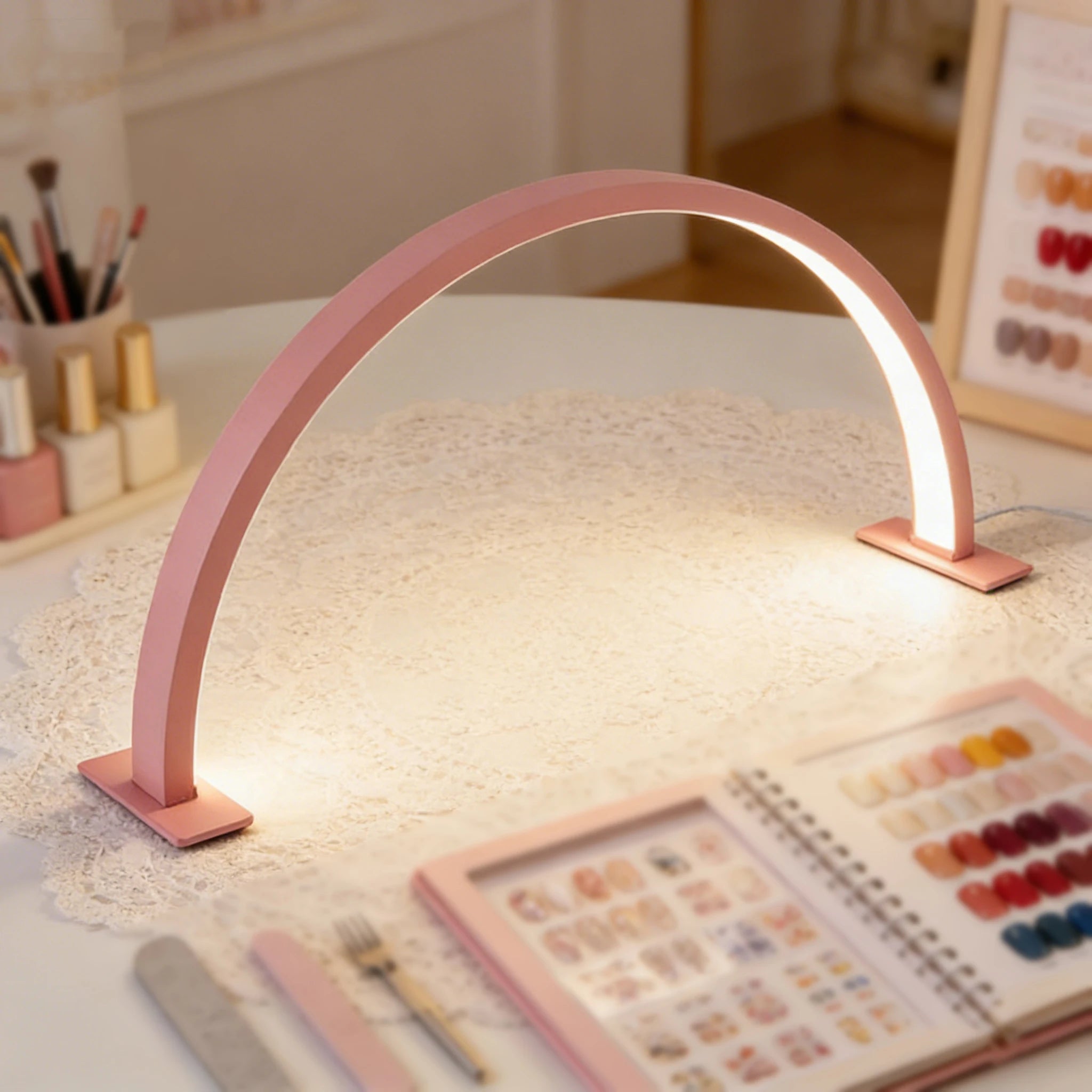 Pink Half-Moon LED Nail Desk Lamp – Professional Manicure & Beauty Salon Light