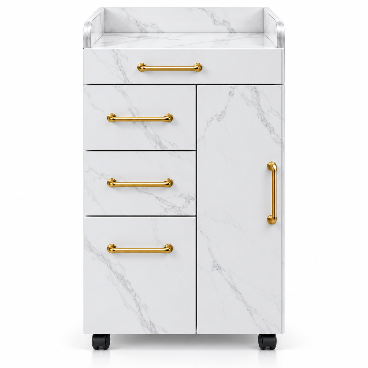 Professional Salon Storage Trolley – Marble-Style Beauty Cabinet with 4 Drawers & Gold Handles