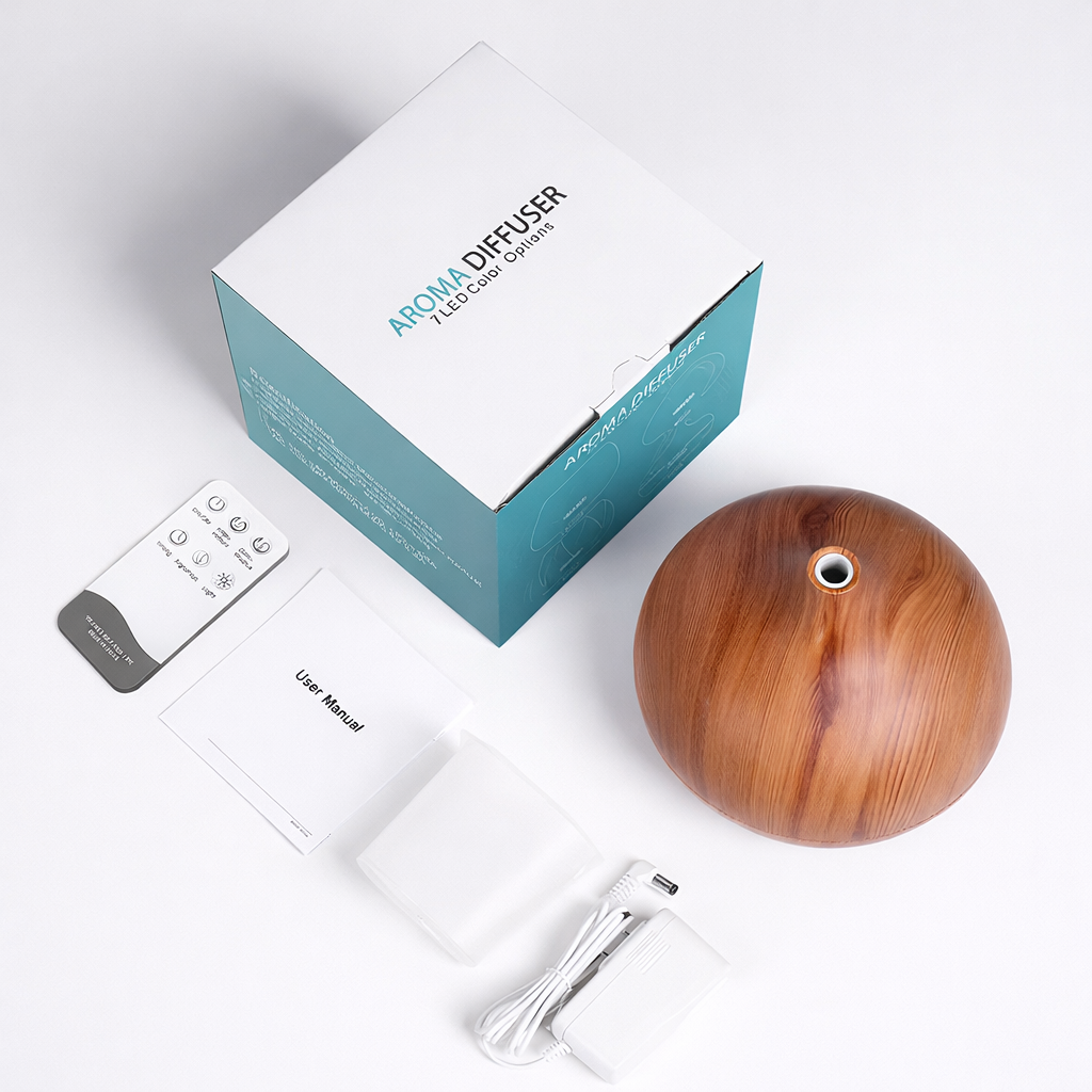 Ultrasonic Wood Grain Aromatherapy Diffuser with Blue LED – USB Essential Oil Humidifier & Cool Mist Air Purifier for Home & Office