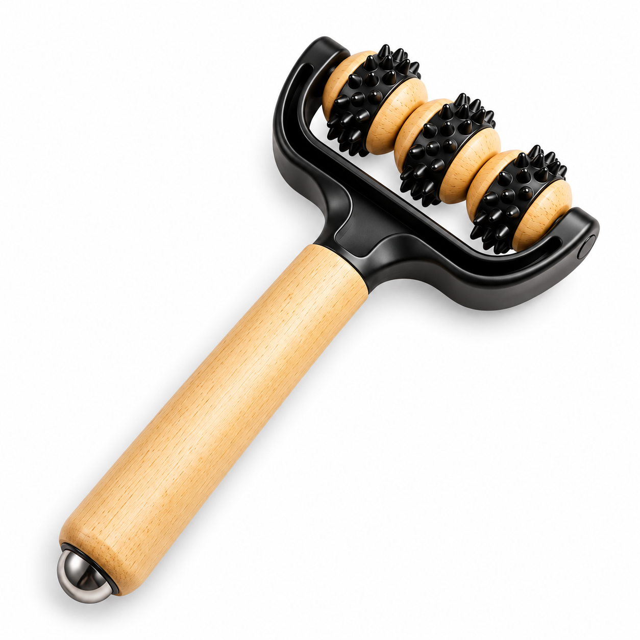 Handheld 3-Wheel Massage Roller – Wooden Handle Body Massager