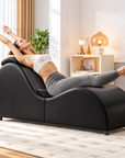 60-Inch Ergonomic Yoga Chaise Lounge – Curved Padded Stretching Chair with Faux Leather Upholstery, Black