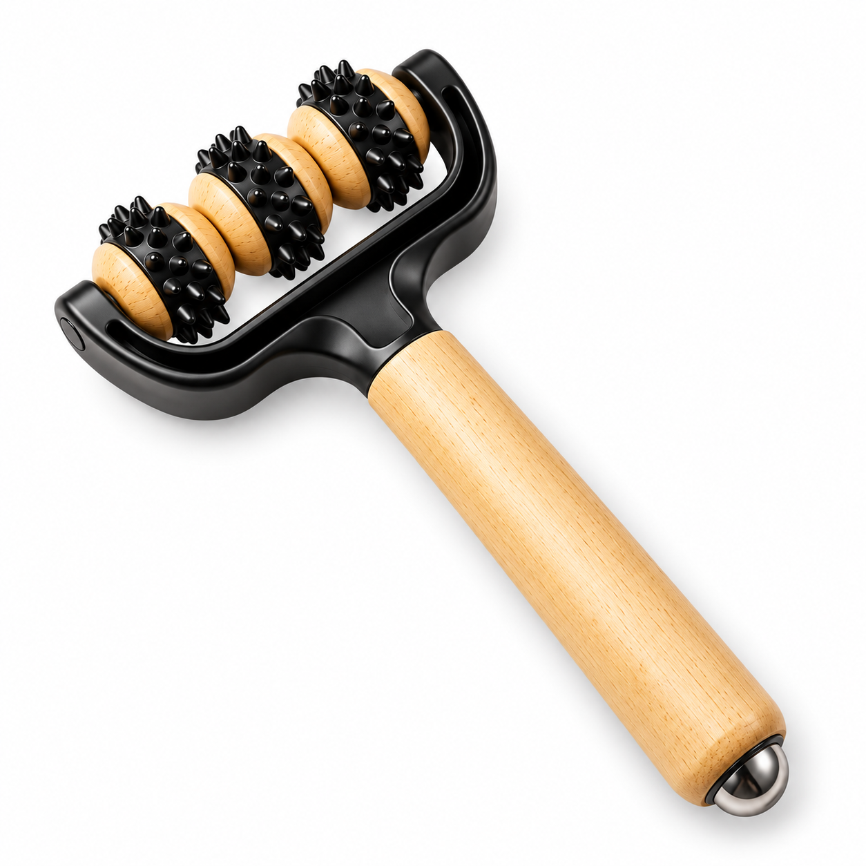 Handheld 3-Wheel Massage Roller – Wooden Handle Body Massager
