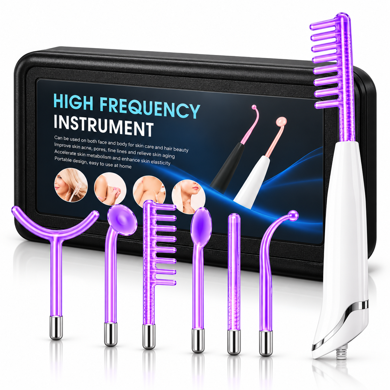 6-in-1 High Frequency Facial & Scalp Beauty Device Set with 6 Glass Electrodes and Storage Case