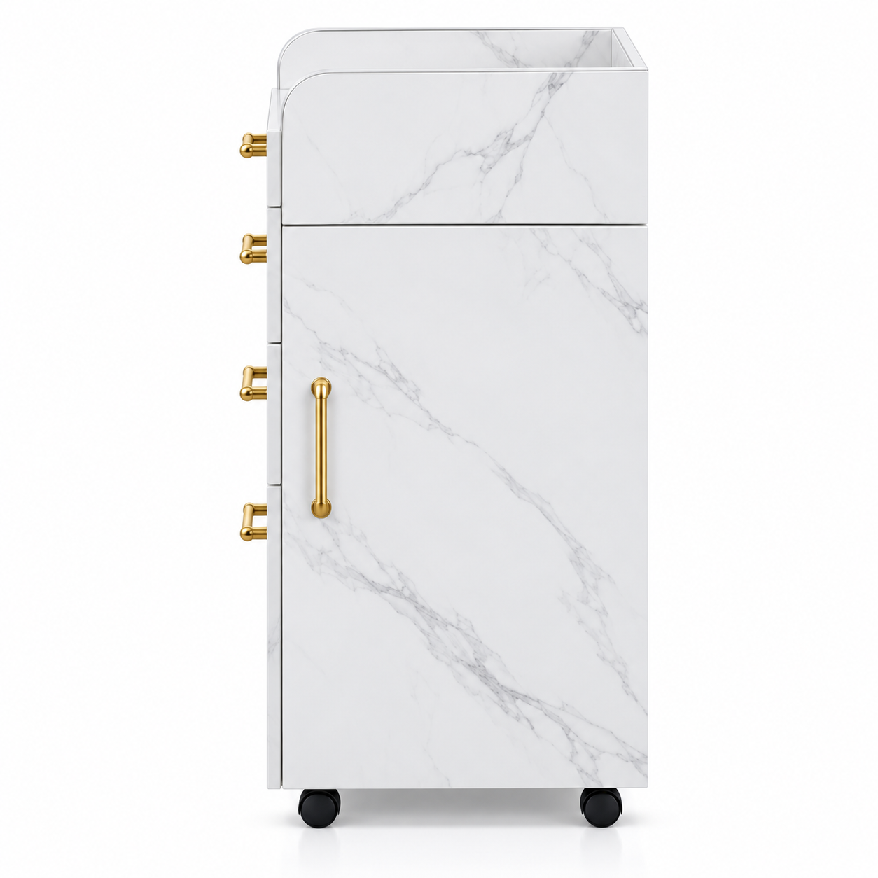 Professional Salon Storage Trolley – Marble-Style Beauty Cabinet with 4 Drawers & Gold Handles