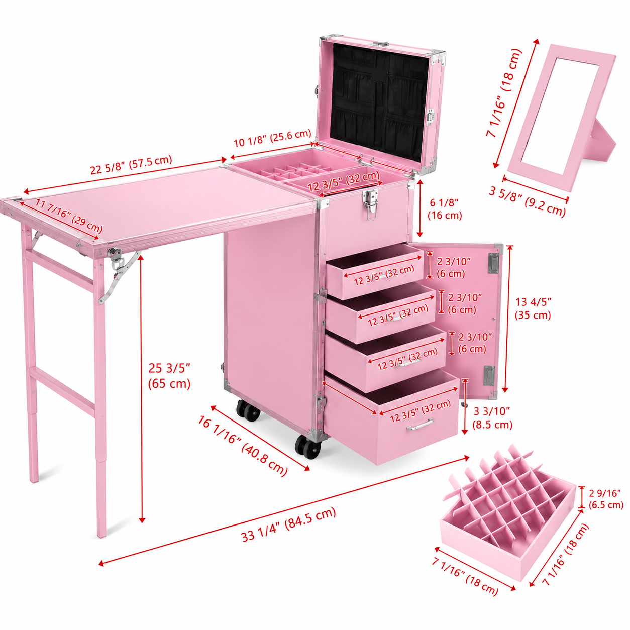 Professional Rolling Manicure Table – Foldable Nail Tech Desk with 4 Drawers & Travel Case