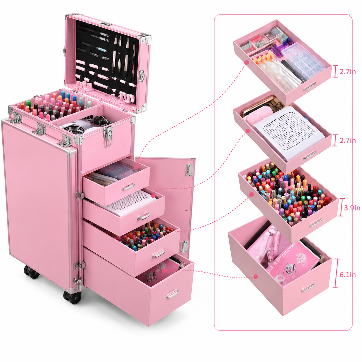 Professional Rolling Manicure Table – Foldable Nail Tech Desk with 4 Drawers & Travel Case