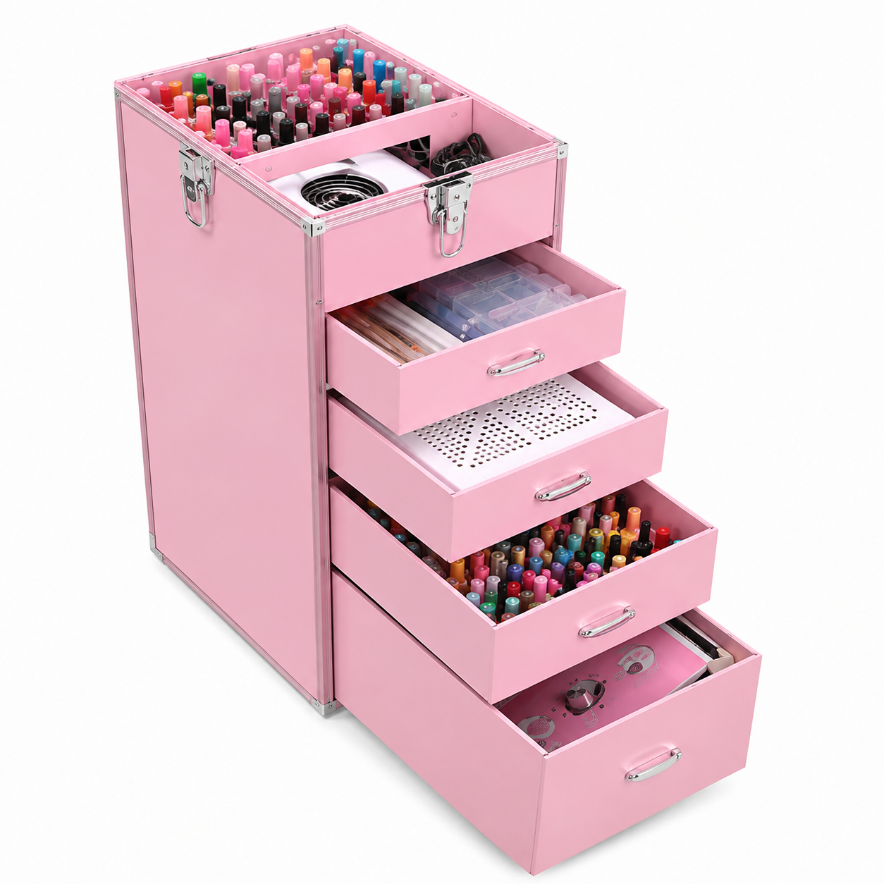 Professional Rolling Manicure Table – Foldable Nail Tech Desk with 4 Drawers & Travel Case