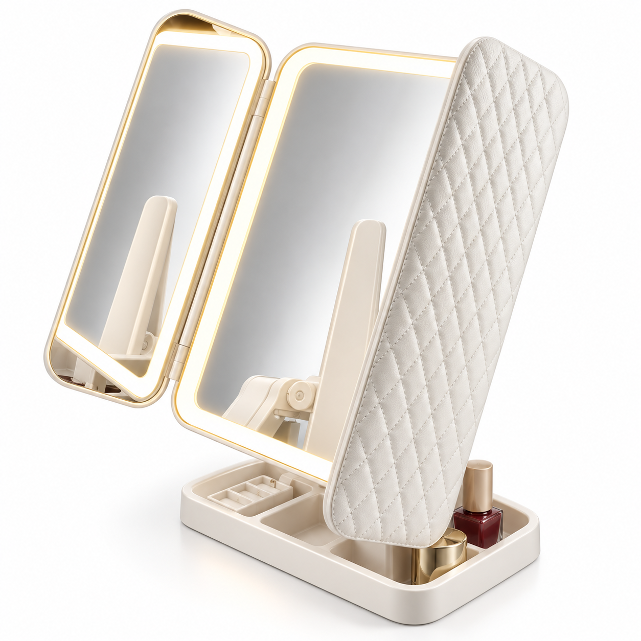 Tri-Fold LED Vanity Mirror with Touch Control, Folding Side Panels & Storage Base