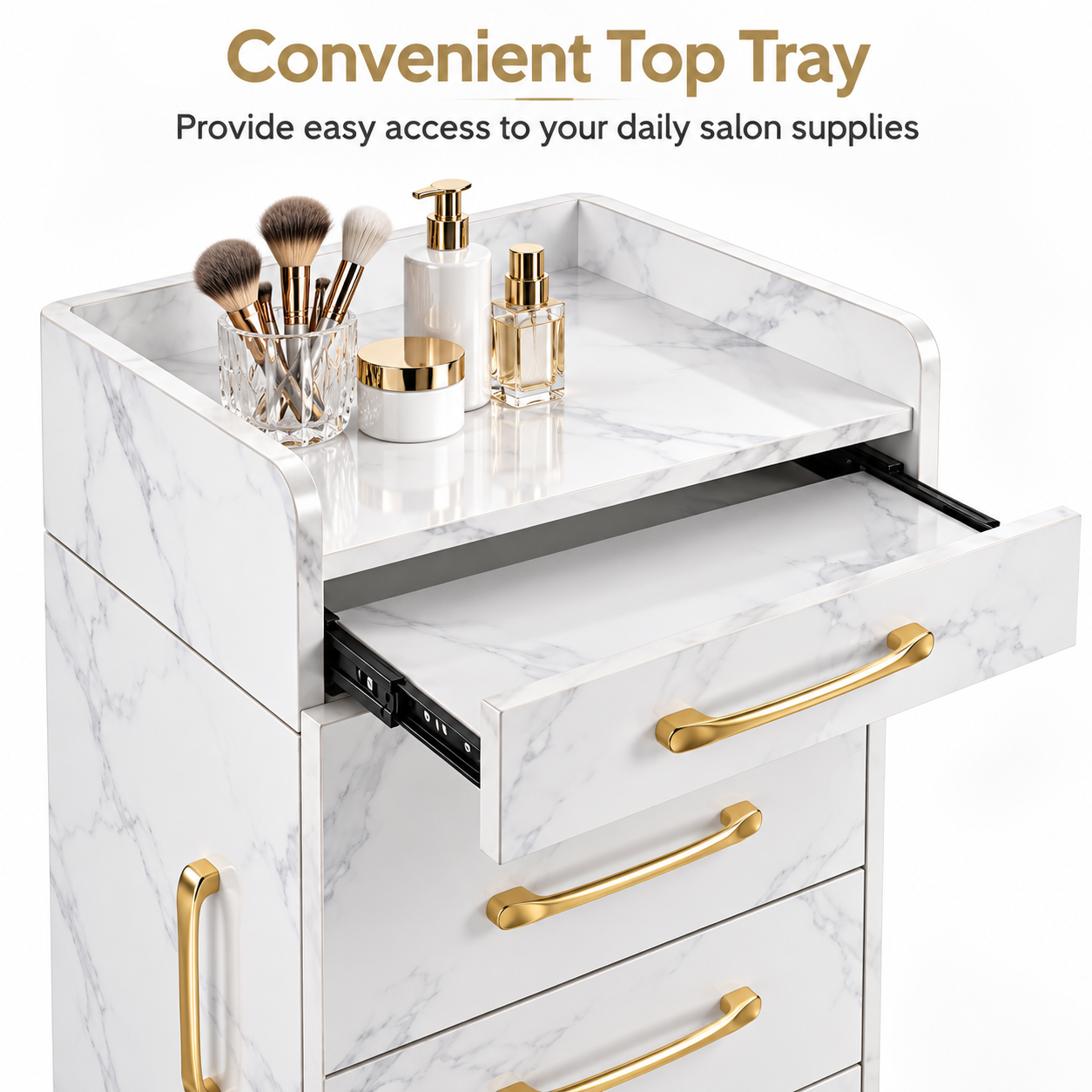 Professional Salon Storage Trolley – Marble-Style Beauty Cabinet with 4 Drawers & Gold Handles
