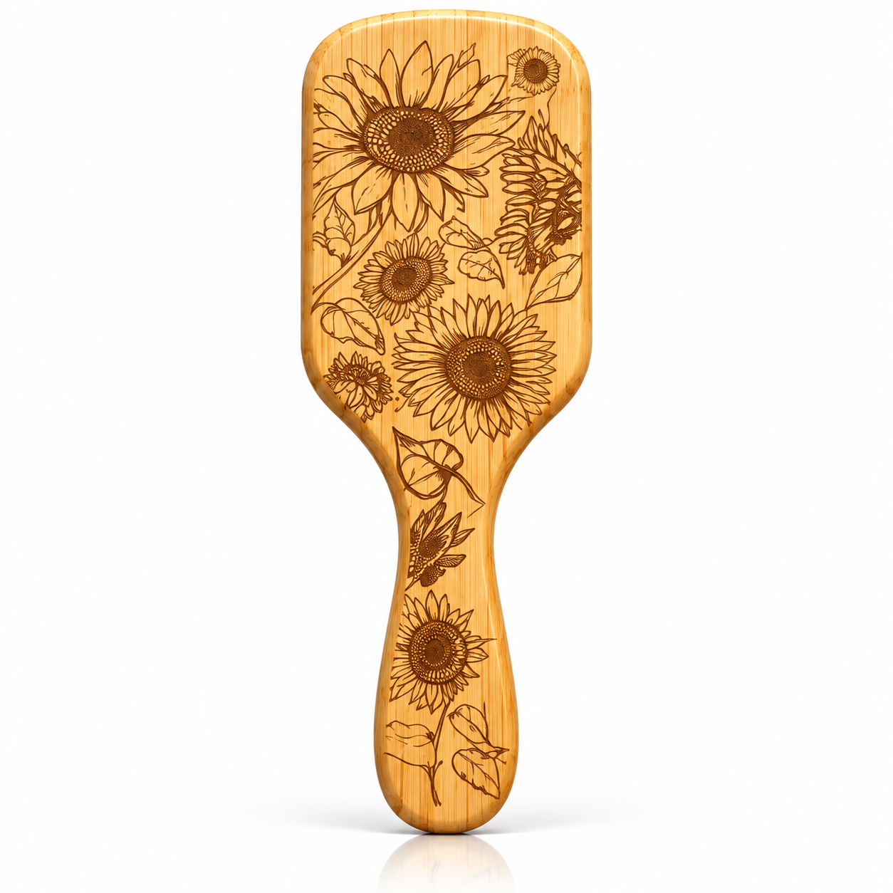 Natural Bamboo Paddle Hair Brush with Sunflower Engraving – Wooden Bristles, Anti-Static Detangling Brush
