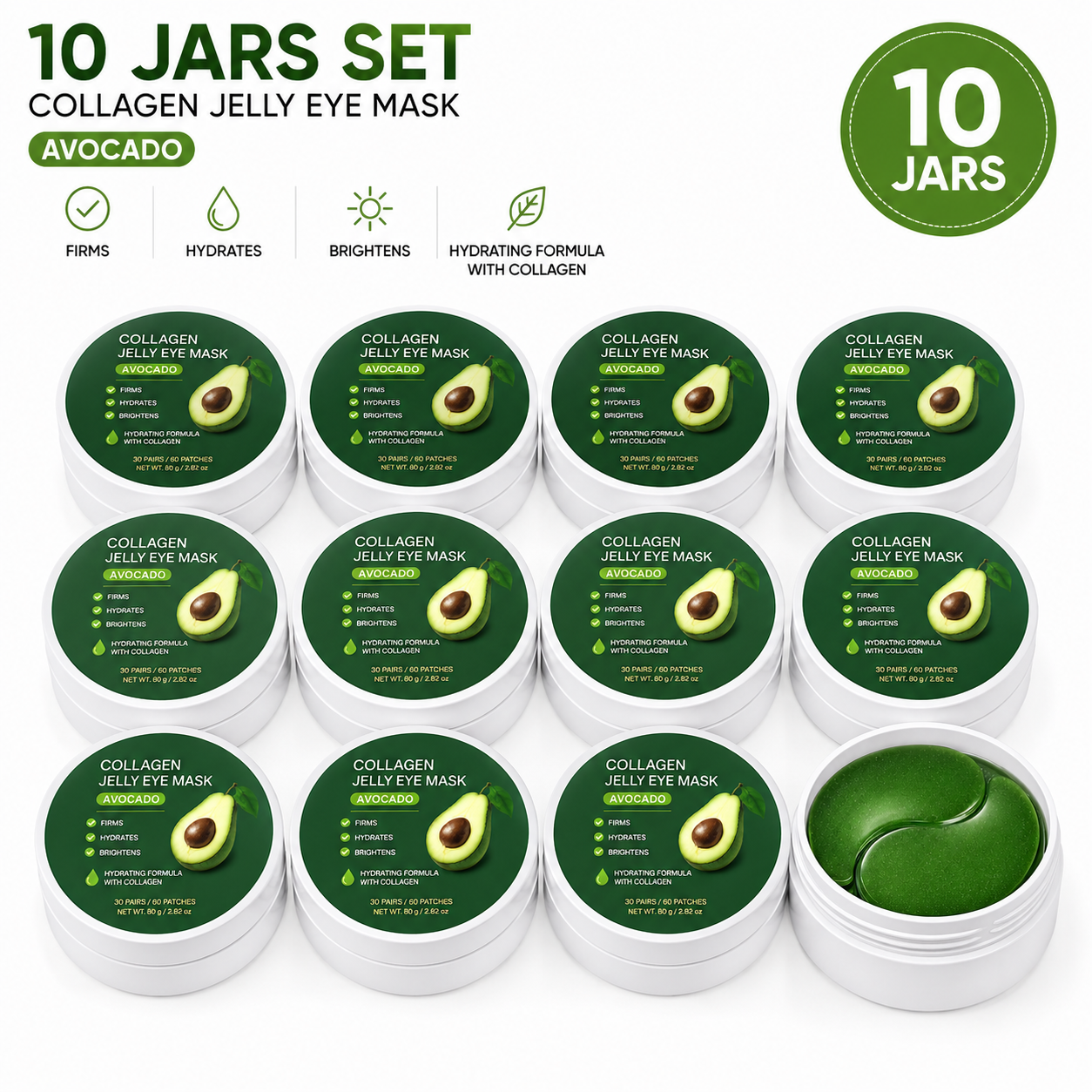 Avocado Collagen Hydrogel Under Eye Patches – 10 Jars, 600 Patches / 300 Pairs