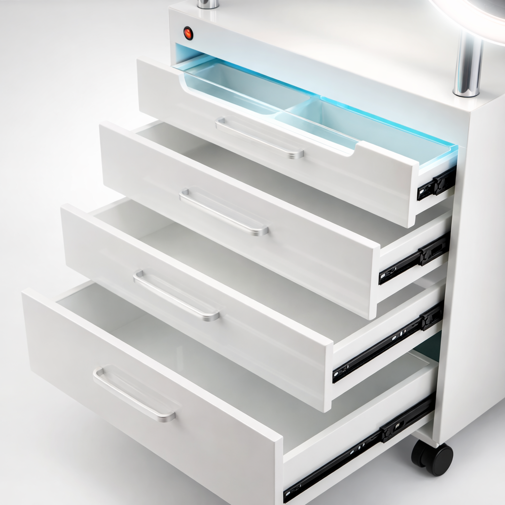 Professional Salon Trolley Cart with Folding Lamp & Drawers – Mobile Tool Station for Tattoo, Eyelash & Beauty Studios