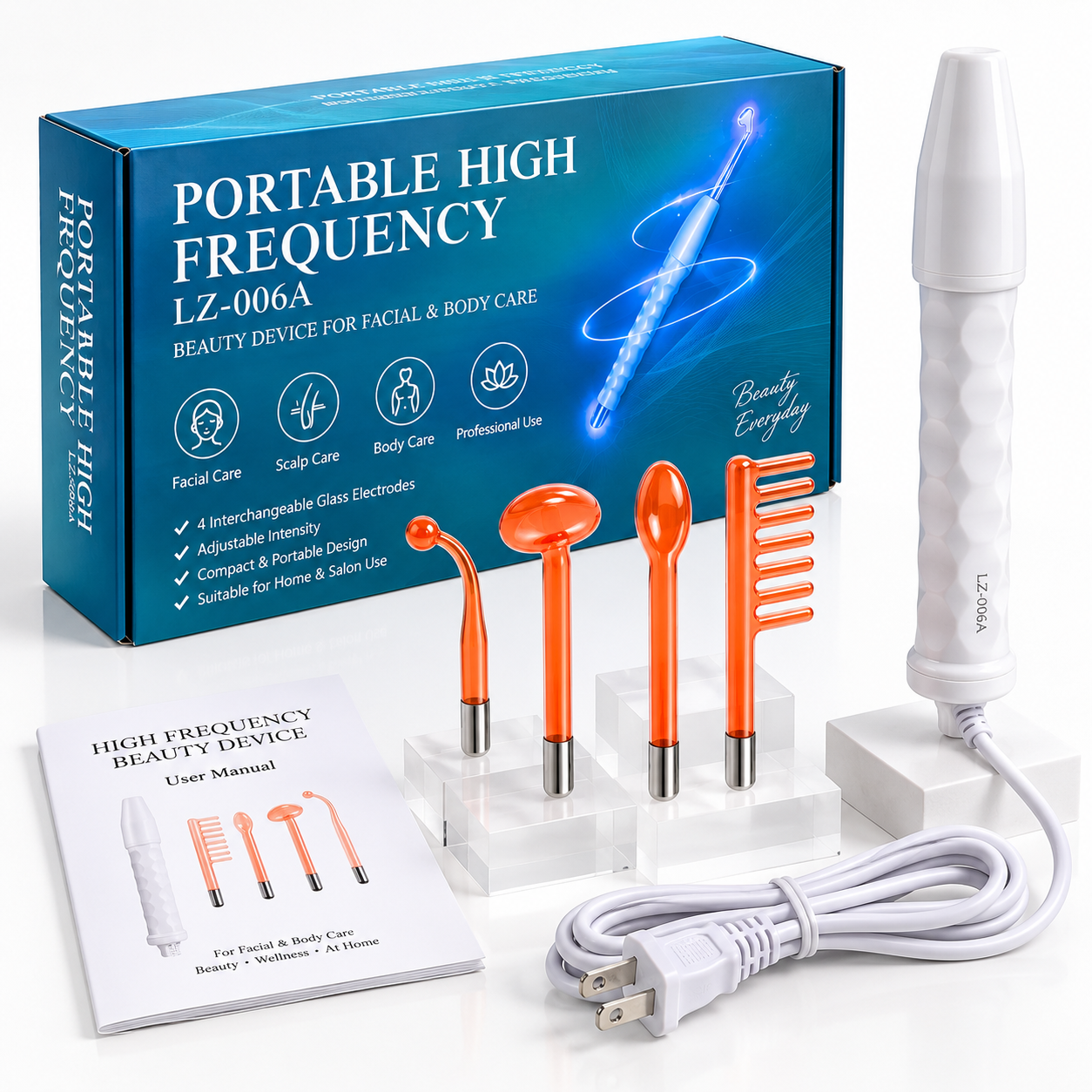 Portable High Frequency Facial Wand – 4 Glass Electrodes with Adjustable Intensity
