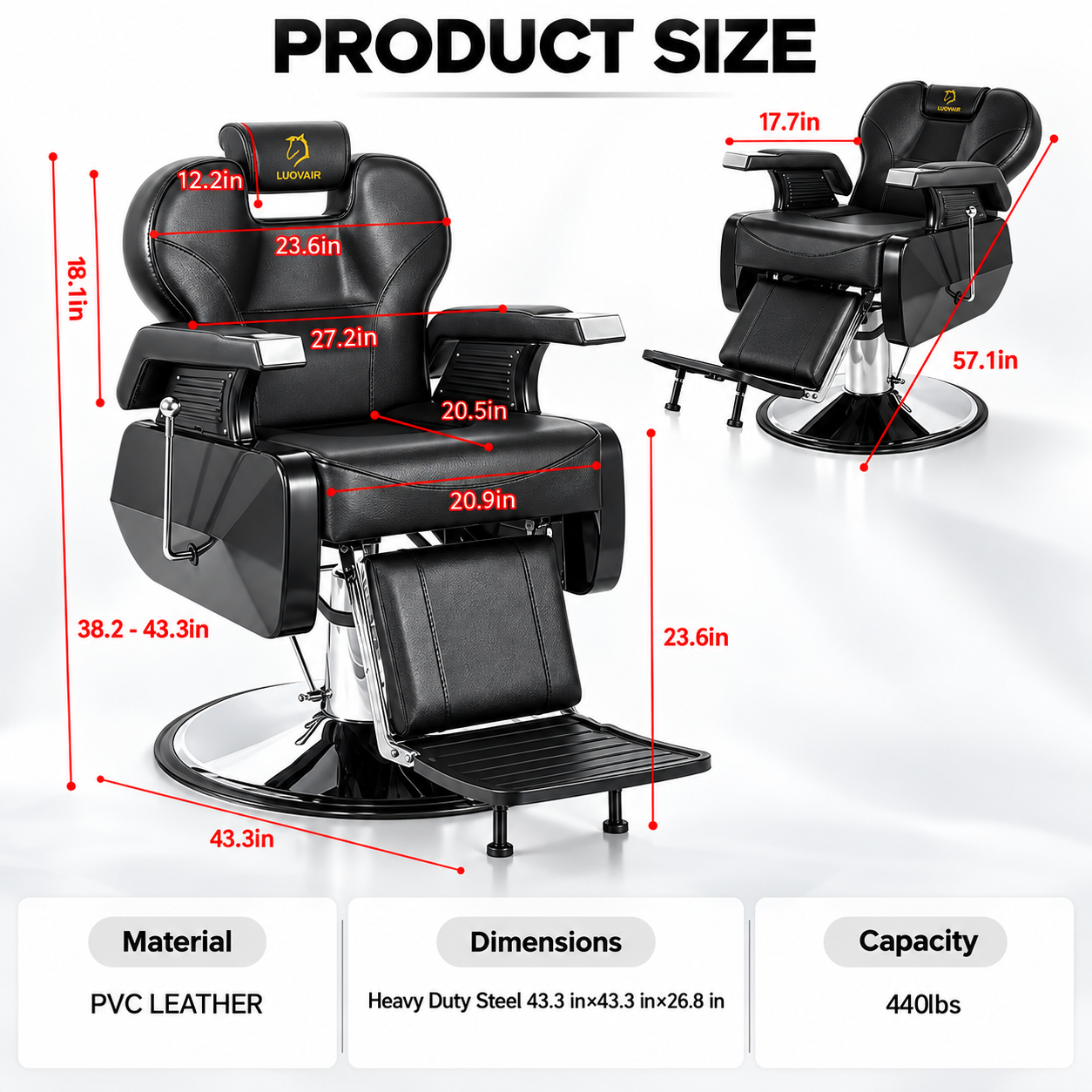 Professional Hydraulic Barber Chair – Black Reclining Salon Chair with Adjustable Headrest & Footrest