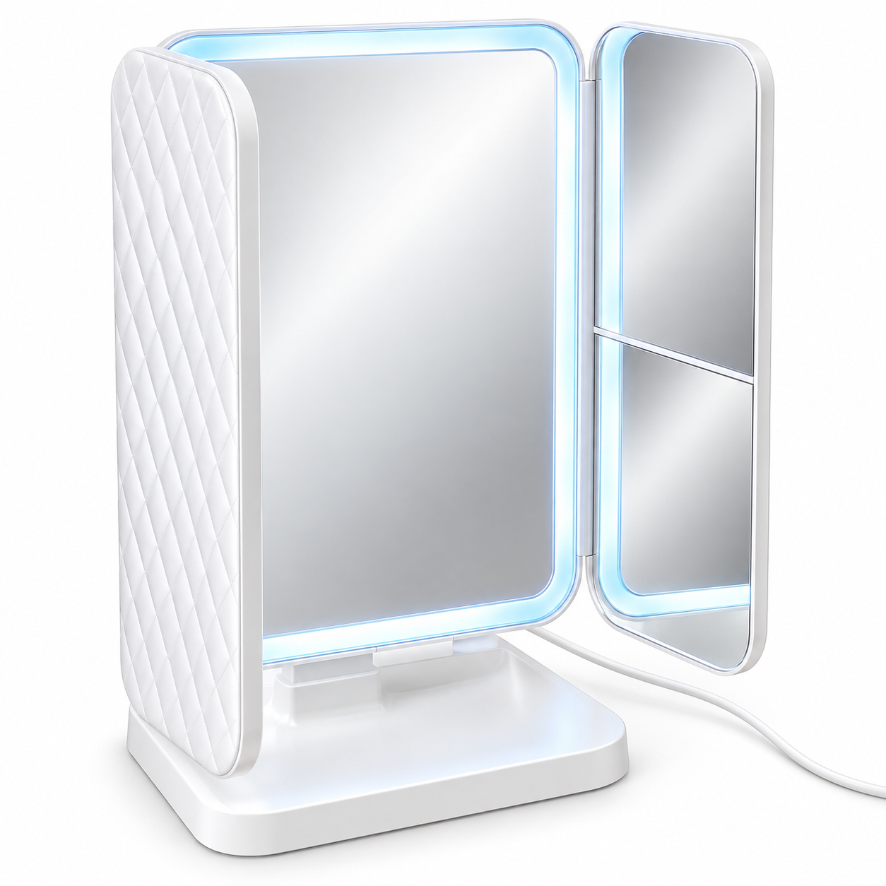 Tri-Fold LED Vanity Mirror with Touch Control, Folding Side Panels & Storage Base