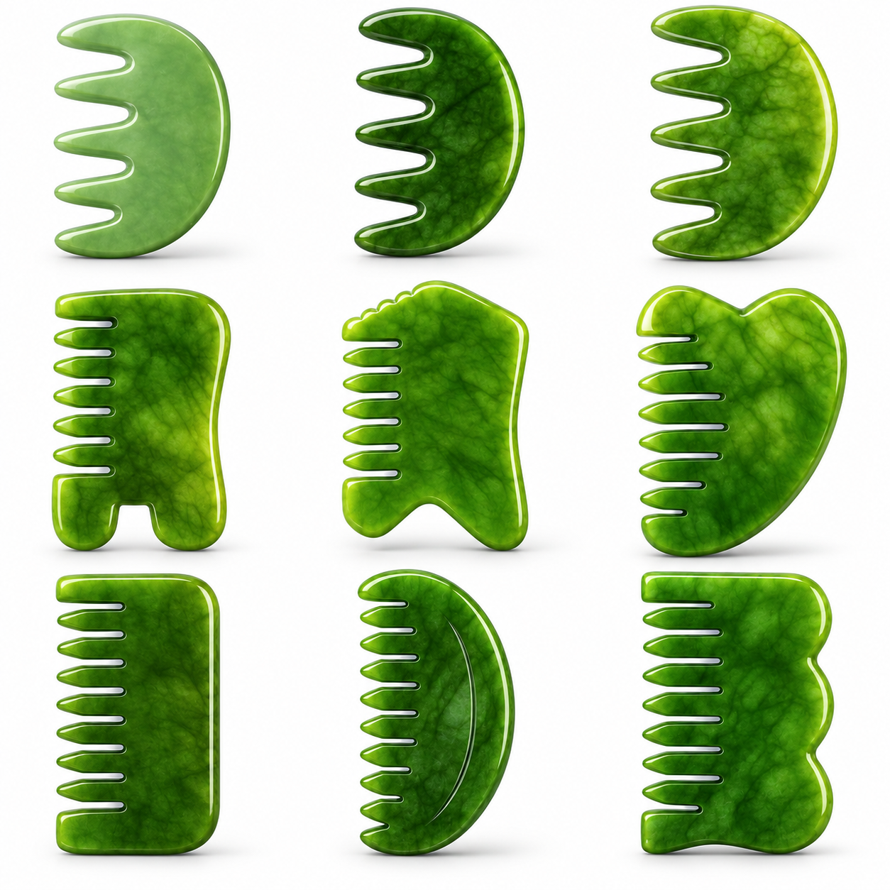 Theia Premium Natural Jade Gua Sha Comb Set – Multi-Shape Massager for Face, Scalp & Body