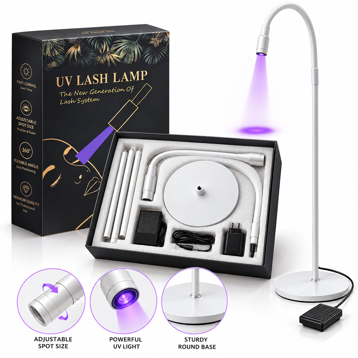 Professional UV LED Lash Extension Floor Lamp – 5W/10W | Adjustable Focus, Flexible Gooseneck & Foot Pedal