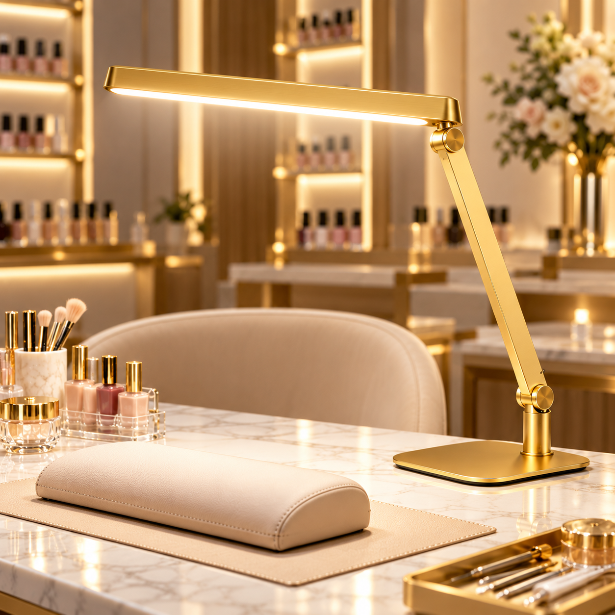 Luxury Gold Professional LED Nail Desk Lamp – Adjustable 3-Color Salon Lighting