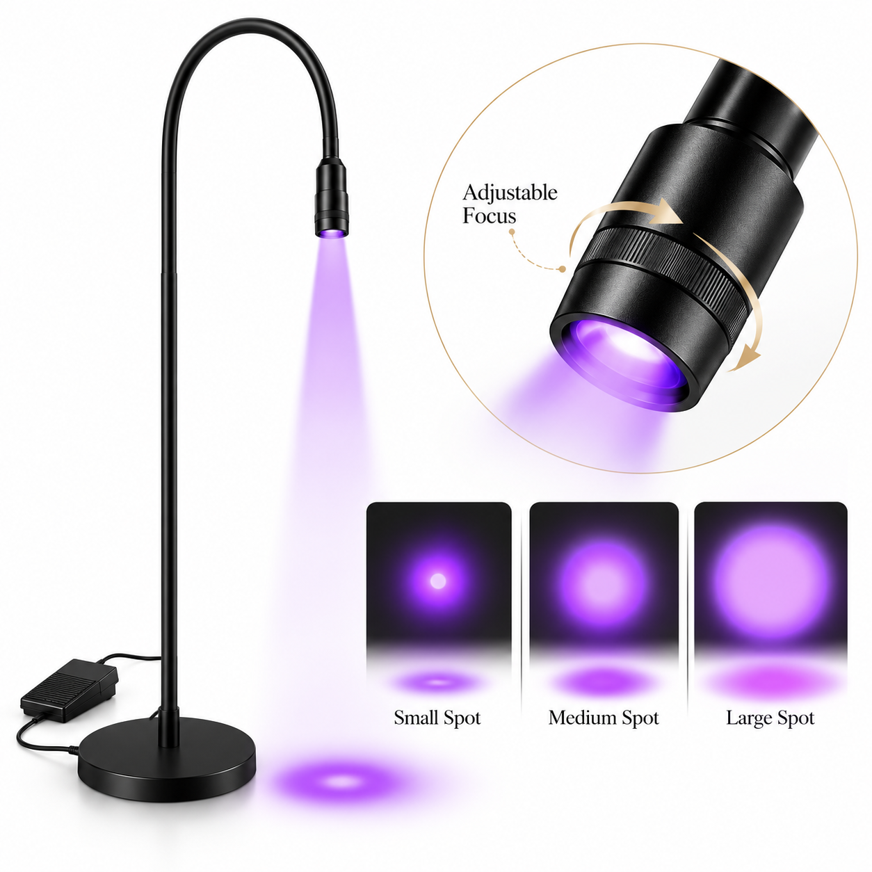 Professional UV LED Lash Extension Floor Lamp – 5W/10W | Adjustable Focus, Flexible Gooseneck & Foot Pedal