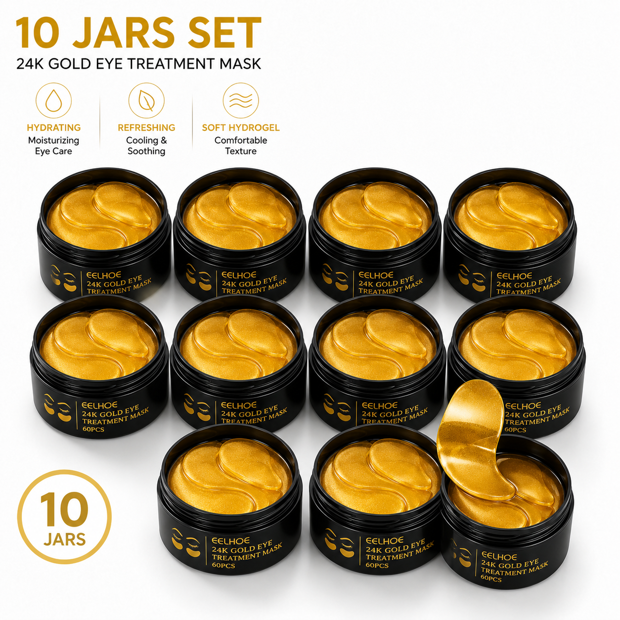 24K Gold Hydrogel Under Eye Patches – 10 Jar Set – Hydrating Eye Care