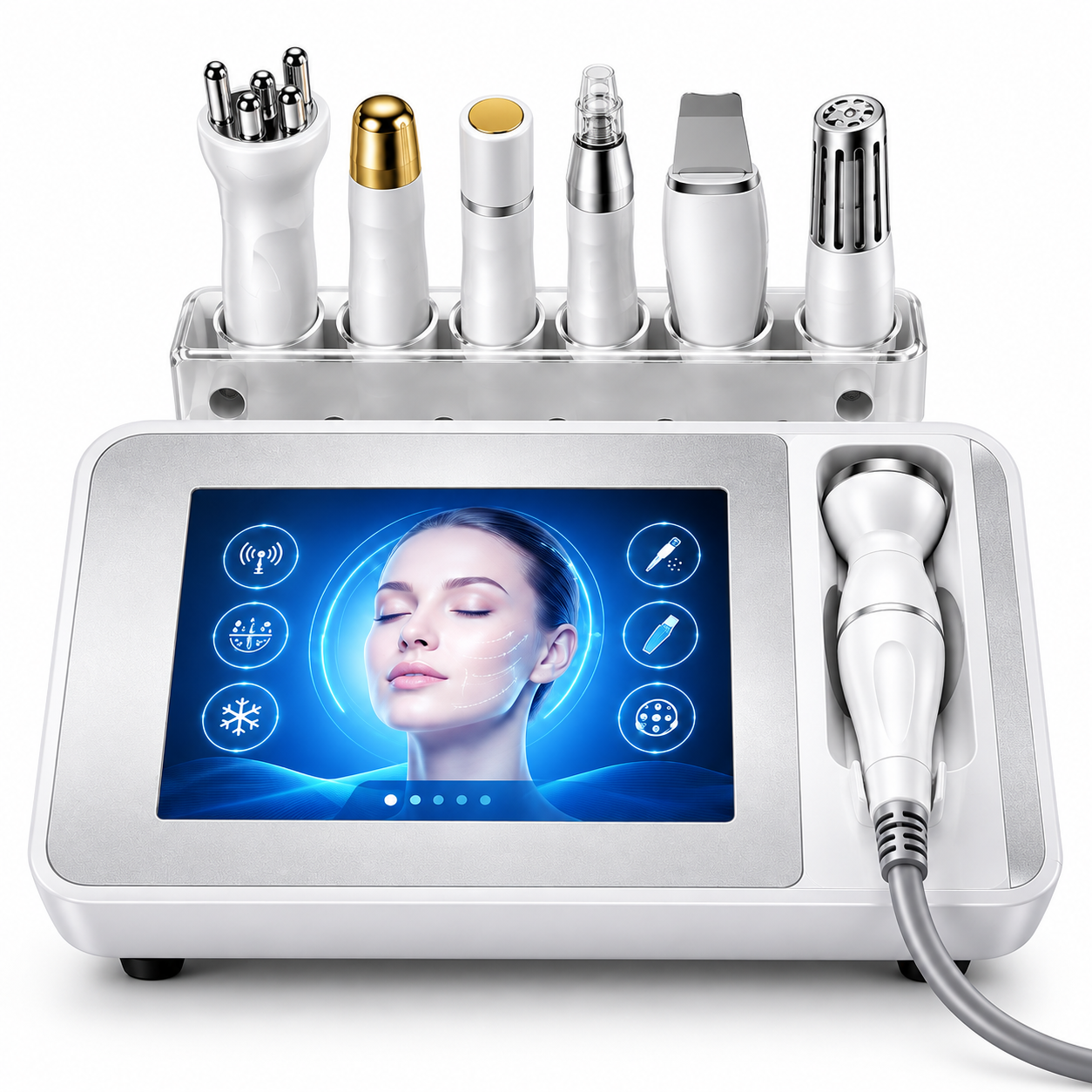 6-in-1 Facial Beauty Machine – Touchscreen RF, HIFU, SONO Clean & Cryo-Ion Skin Care System