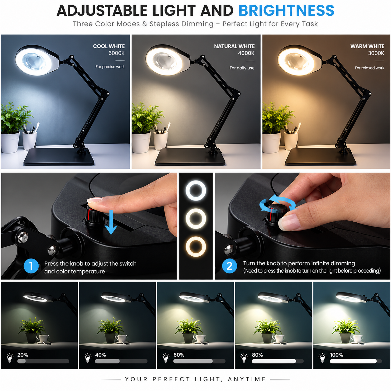 10X 20X Magnifier Lamp 3 COLORS LED Lighted Magnifier Large Base & Clamp Magnifying Glass Lamp for Repair Crafts Soldering 5.5D