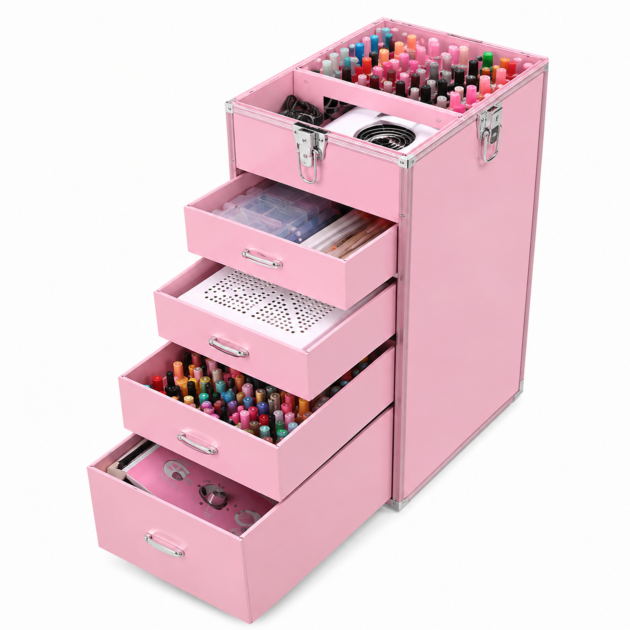 Professional Rolling Manicure Table – Foldable Nail Tech Desk with 4 Drawers & Travel Case