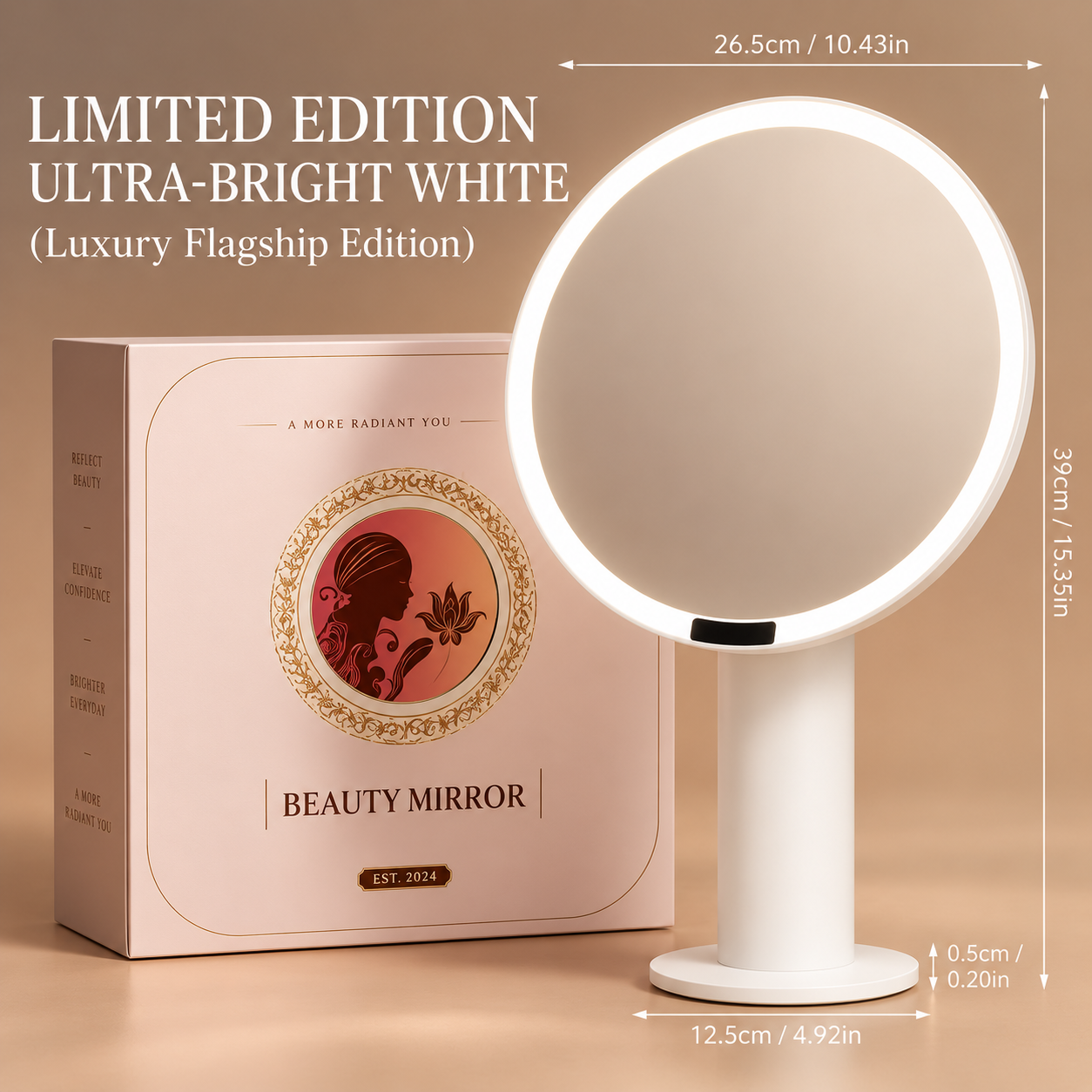 Premium LED Makeup Mirror with 3-Color Lighting, Stepless Dimming, 4800mAh Battery & 0–90° Adjustable Stand