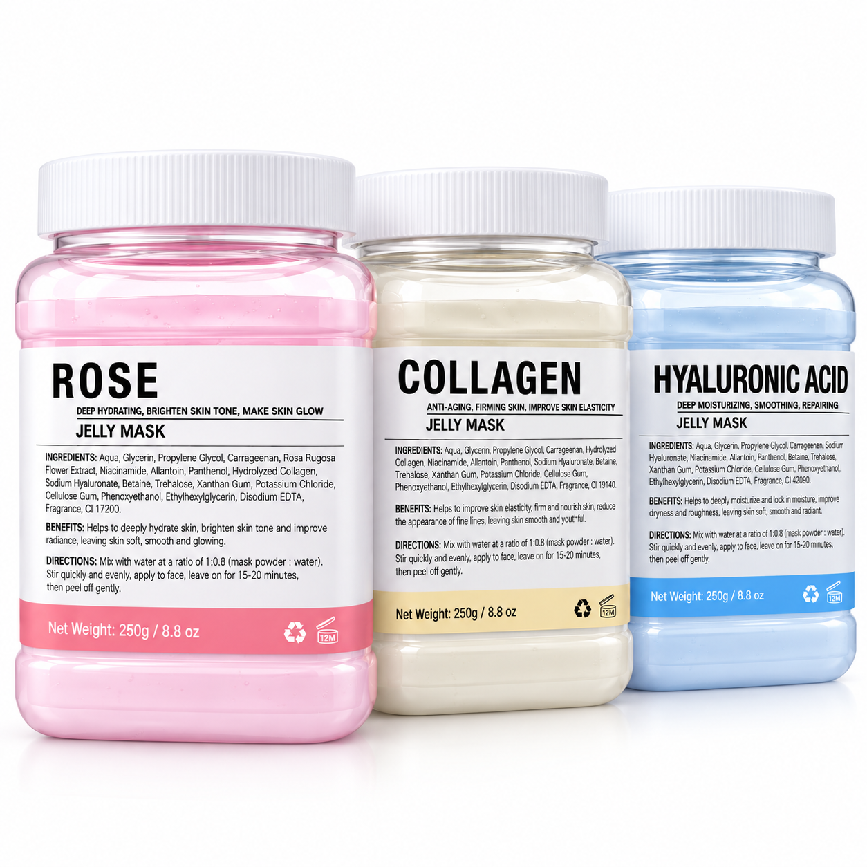 Professional Jelly Mask Trio – Rose, Collagen & Hyaluronic Acid – 3 × 250 g