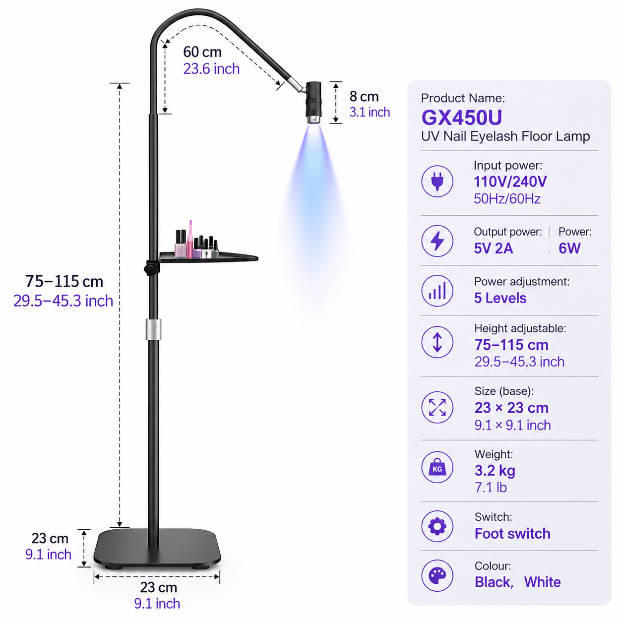 GX450U UV LED Nail & Eyelash Floor Lamp – Adjustable 6W Salon Curing Light with Flexible Arm