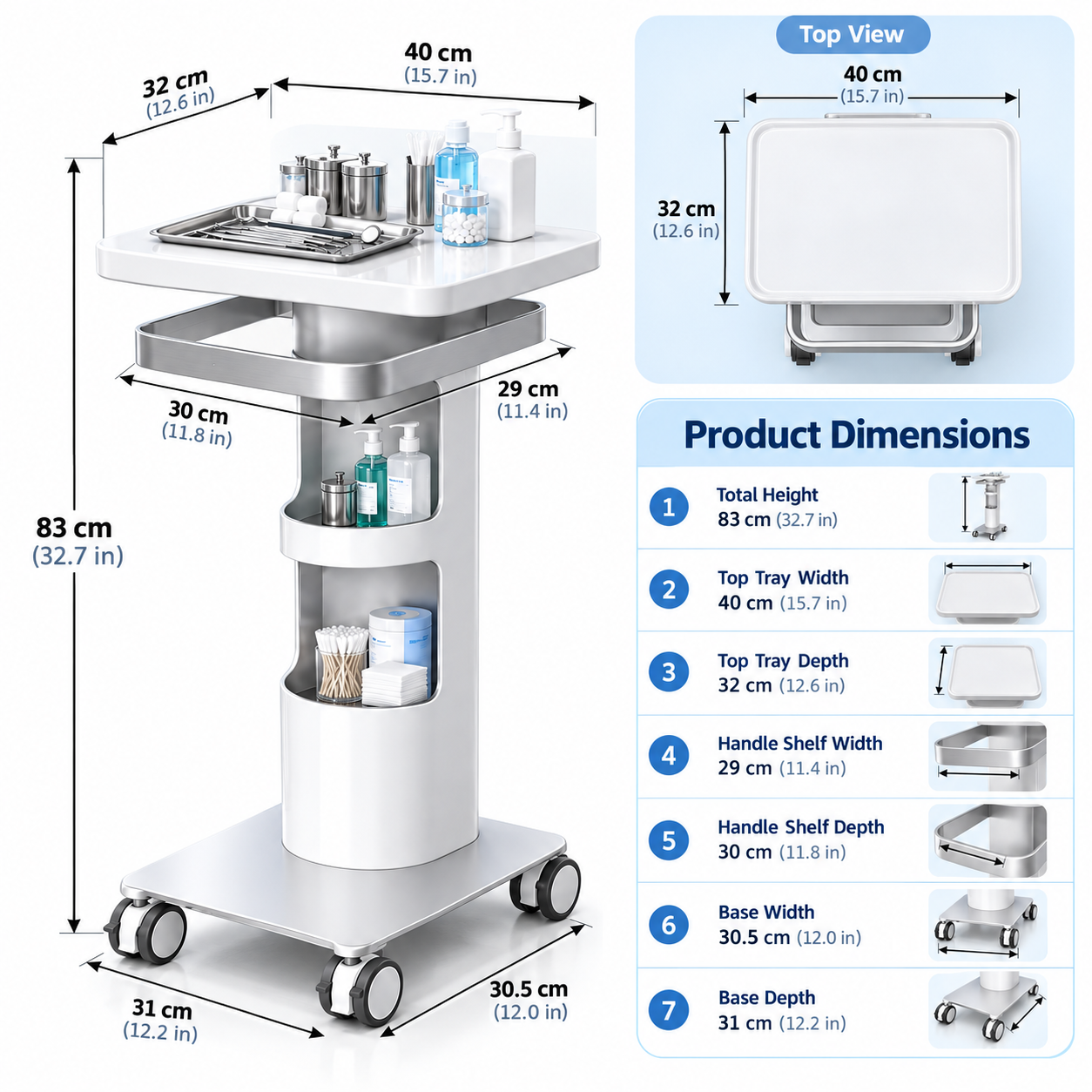 Professional Dental & Clinical Utility Trolley with Large Tool Tray, Storage Shelves & Lockable Wheels