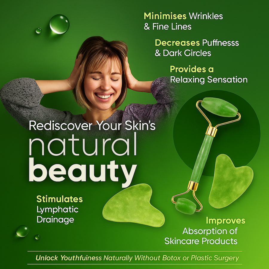 Jade Roller Set Cooling Eye Gua Sha Tool Facial Beauty Massage For Face Jade Wheel  Green