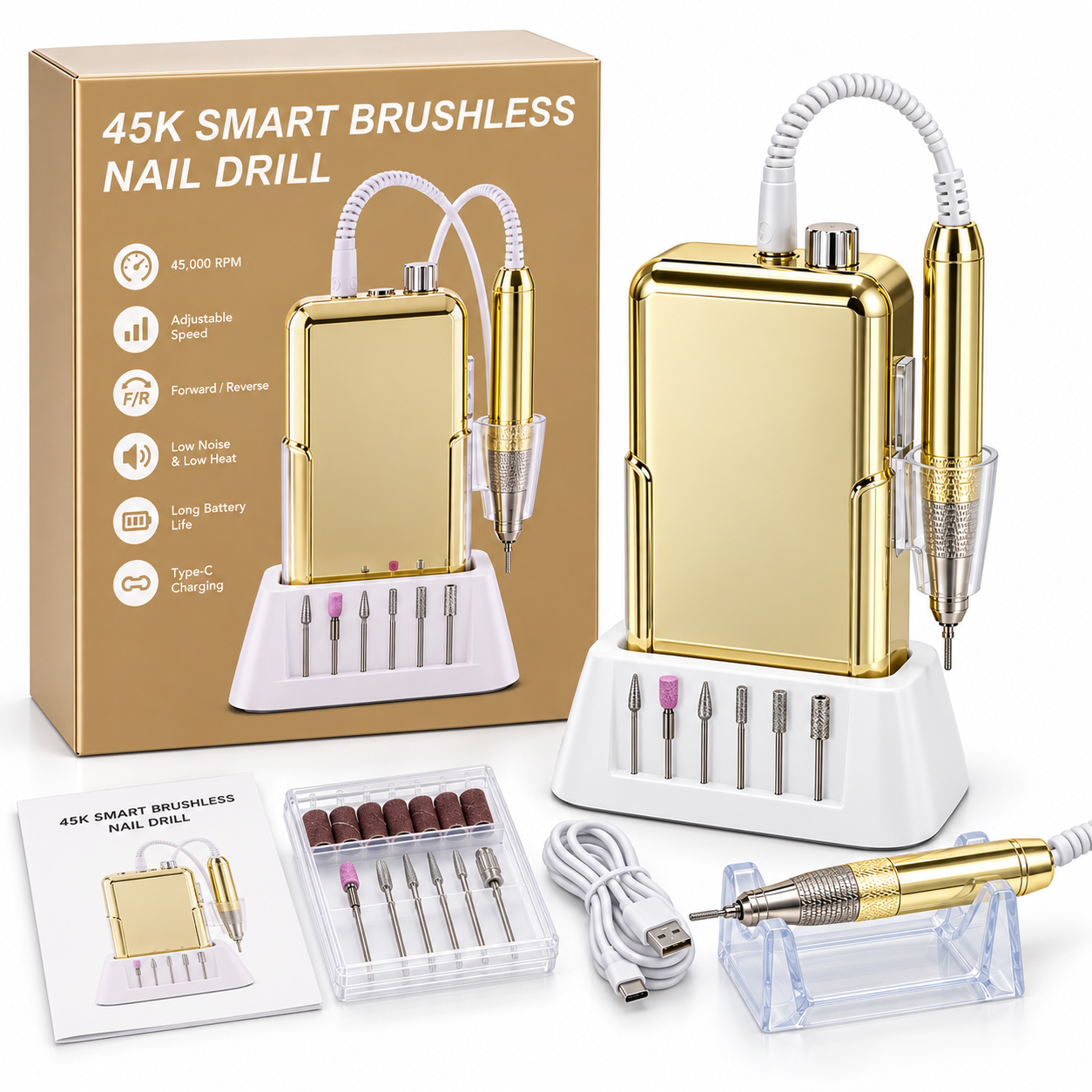 45K Brushless Professional Nail Drill 85W with HD Display, Rechargeable Battery & Charging Base