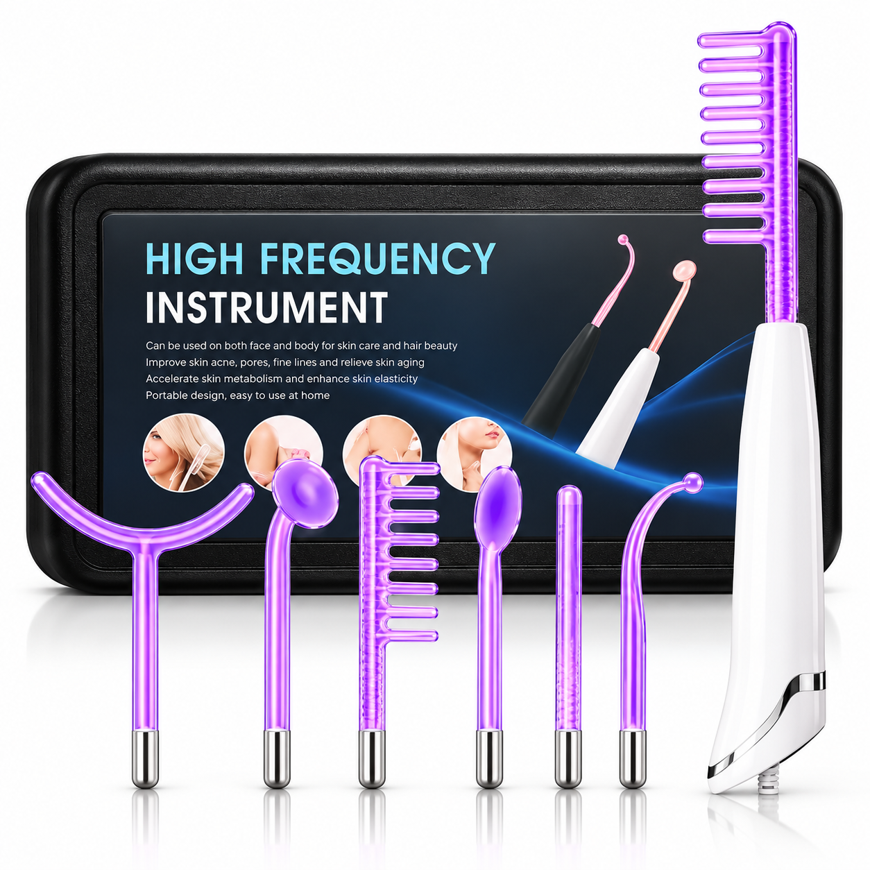 6-in-1 High Frequency Facial & Scalp Beauty Device Set with 6 Glass Electrodes and Storage Case