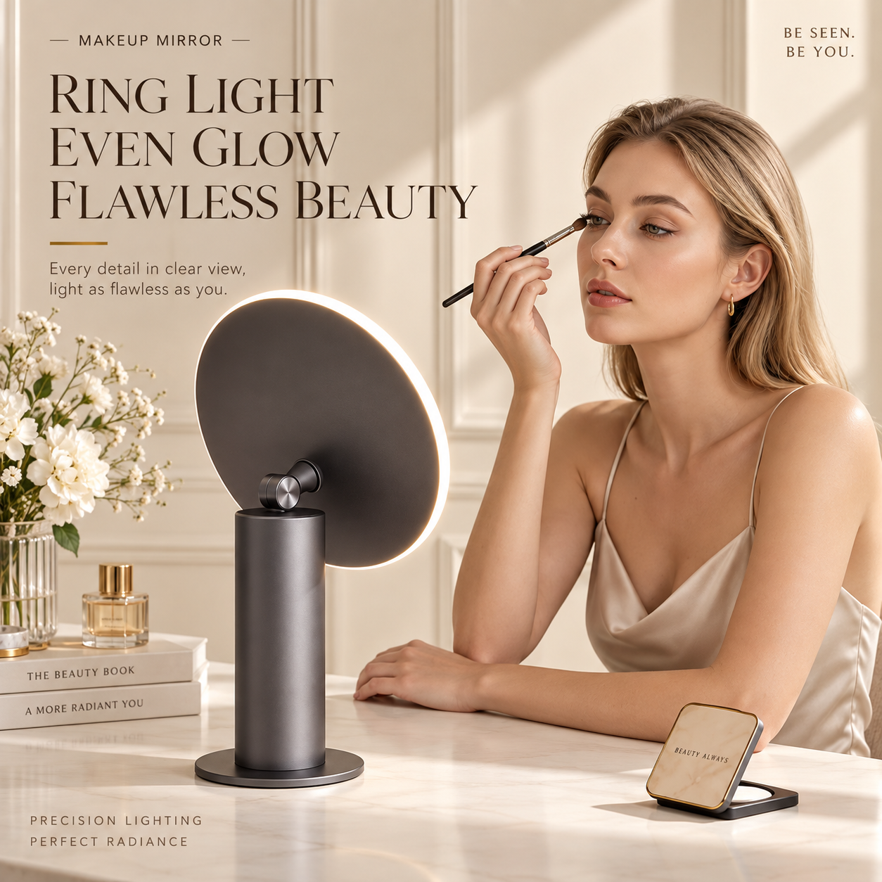 Premium LED Makeup Mirror with 3-Color Lighting, Stepless Dimming, 4800mAh Battery & 0–90° Adjustable Stand