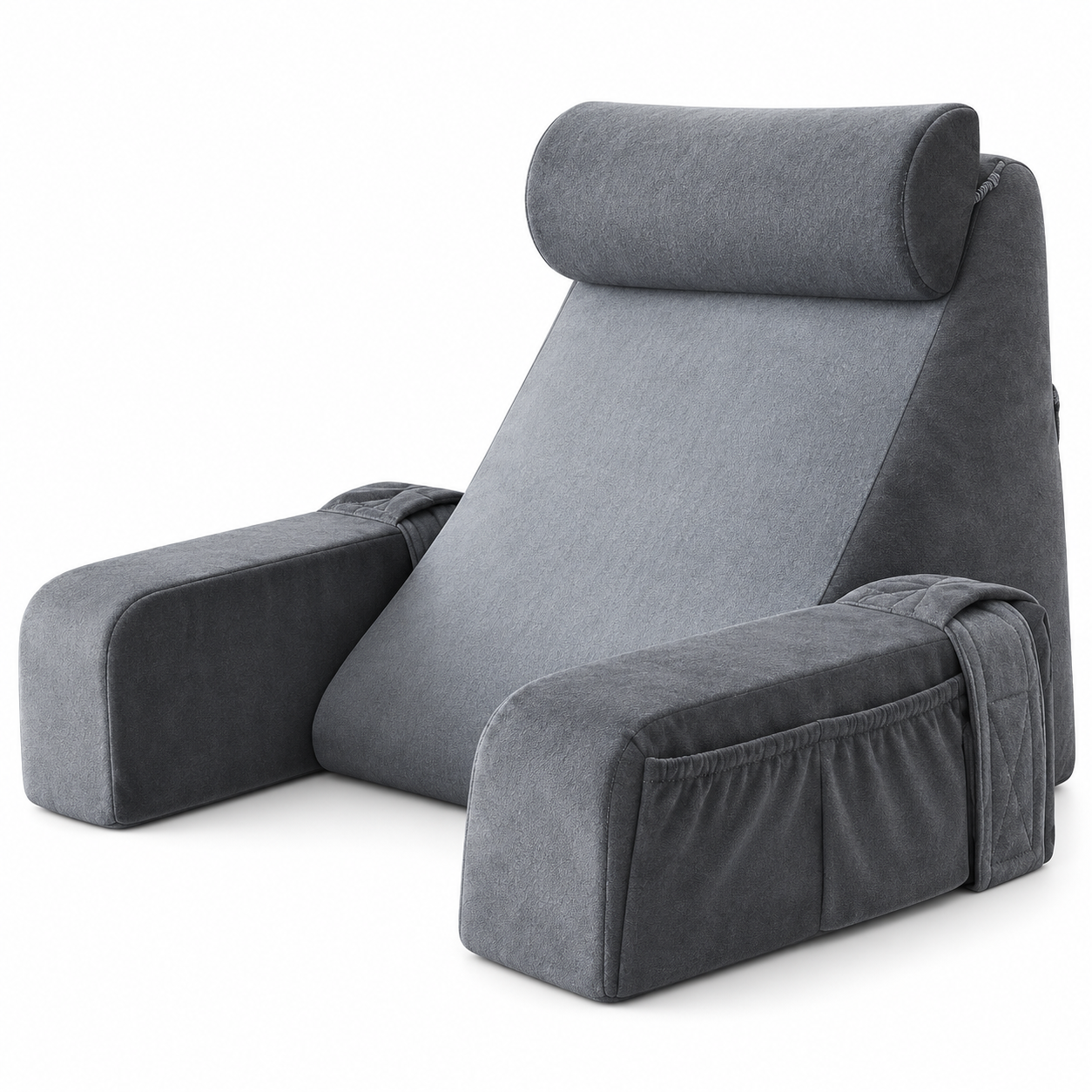 Memory Foam Bed Rest Pillow with Armrests, Neck Support & Side Pockets – Reading Backrest Cushion