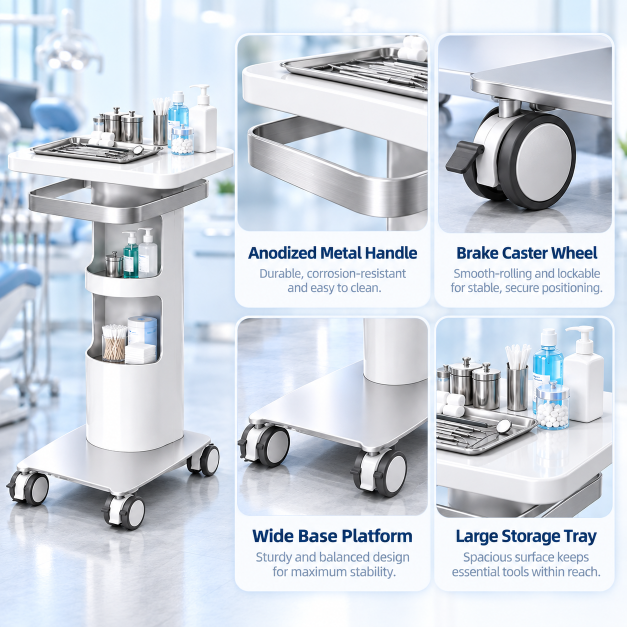 Professional Dental & Clinical Utility Trolley with Large Tool Tray, Storage Shelves & Lockable Wheels