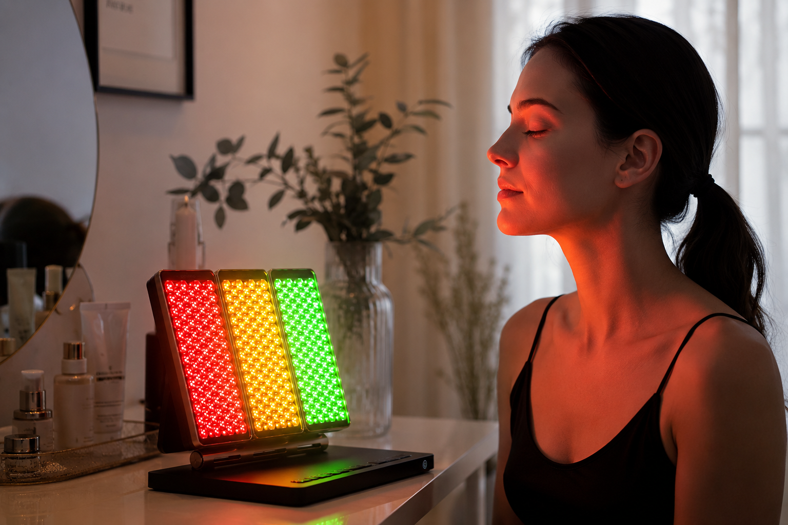 LED Light Therapy Panel for Facial Skin Care – Desktop Photon Beauty Device with Red, Yellow & Green Light