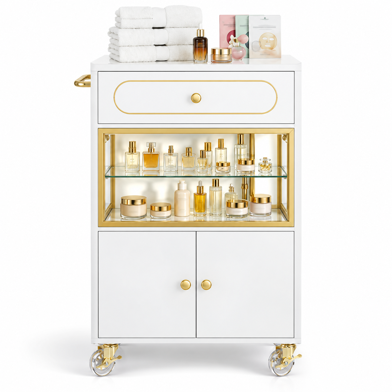Professional Salon Storage Trolley with Glass Display Cabinet, Drawer & Lockable Wheels – White & Gold