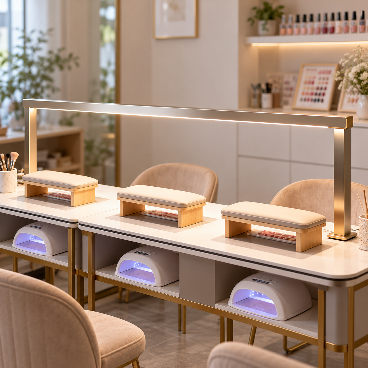 Extra-Long Professional LED Nail Salon Table Lamp – Gold, Adjustable Brightness & Color Temperature